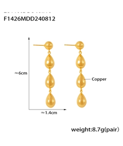Macro detail of geometric teardrop tassel earrings in 18k gold-plated copper, 6cm length