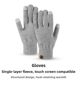 Detail of light gray knit gloves with sensitive touchscreen fingertips and leather logo