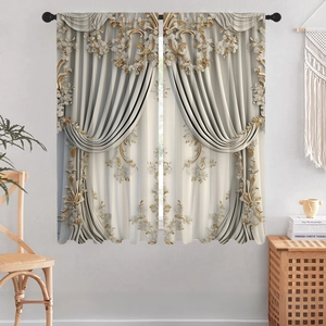 Detail of beige curtains featuring ornate gold European patterns and luxury drapes