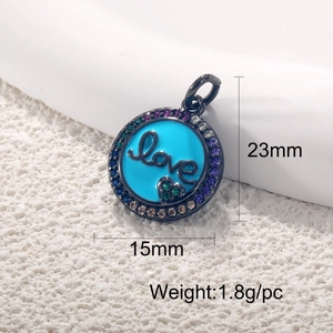Macro shot of 18K gold plated evil eye pendant with love text and colorful zircons