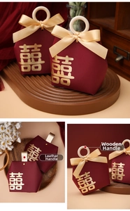 Detail of Chinese wedding candy box with gold double happiness logo and two handle types