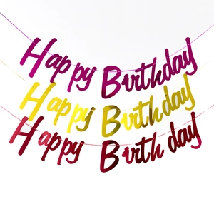 Metallic gold, purple, and red Happy Birthday cursive banners for party decoration