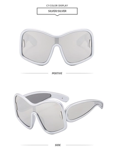 Front and side view of silver Y2K oversized wrap-around futuristic shield sunglasses