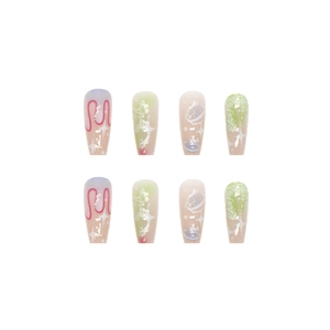 Space series mid-length ballerina false nails with pink base and green planet star art