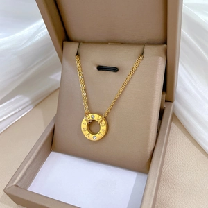 Double Layer Necklace Titanium Steel Round Ring Pendant Love Engraved Zircon Minimalist Ins Style For Women