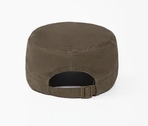 Detail of the back of a brown military flat top hat with adjustable metal buckle strap