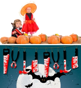 Detailed Halloween banner featuring blood-stained saws, hammers, and cleaver tools