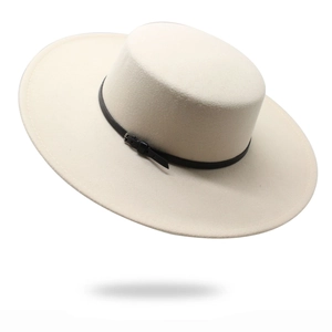 Flat top beige wool felt boater hat with 10cm wide brim and black leather buckle strap