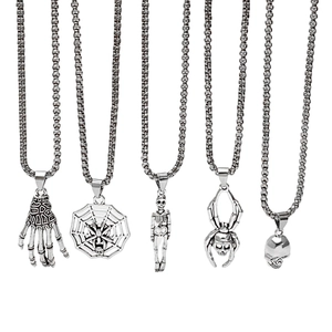 Silver punk necklaces with gothic skeleton hand, spider web, and skull pendants