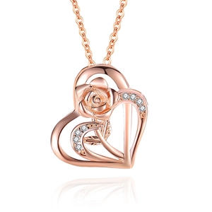 Rose gold heart pendant necklace featuring a rose flower design and sparkling zircon stones