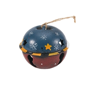 Vintage blue and red iron Christmas bell with snowflake patterns and star cutouts