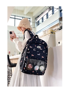 Detail of dachshund print backpack with transparent window for badge display