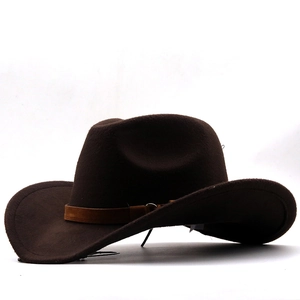 Detailed view of dark brown felt cowboy hat featuring a leather band and metal buckle