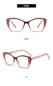 Pink cat-eye glasses frame with glitter top detail and gradient finish shown from two angles
