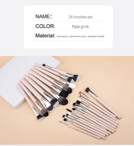 Detail view of 24-piece professional makeup brush set in pale pink with fiber bristles