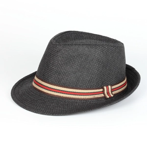 Men's black straw panama hat with a classic tricolor striped band for summer beach vacations
