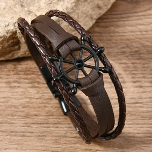 Retro multi-layer brown leather bracelet with black metal rudder anchor pendant for men
