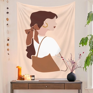 Detailansicht eines minimalistischen Wandteppichs mit weiblicher Silhouette und Haarschleife