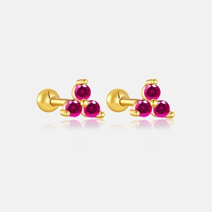 Detailed macro view of golden S925 silver stud earrings with rose red zircon stones