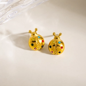 Fashionable ladybug stud earrings with colorful rhinestones in a gold stainless steel finish