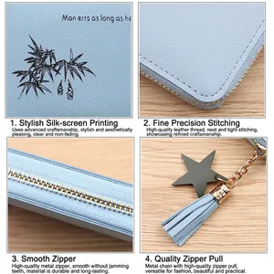 Light blue faux leather wallet with bamboo print, gold zipper, and tassel star charm