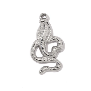 Detailed macro view of a silver cobra snake pendant with textured scales and top hanging loop