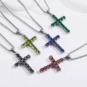 Titanium steel cross necklaces with colorful zircon stones in five different elegant colors
