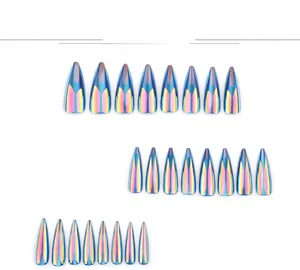 Detailed view of long stiletto iridescent blue cat-eye press-on nails in 24 sizes