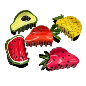 Colorful fruit hair clips set featuring strawberry watermelon pineapple and avocado designs