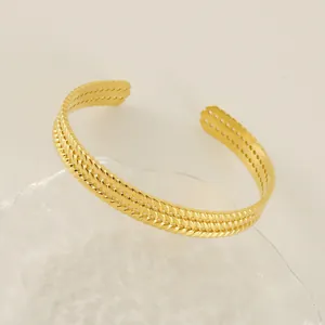 French Vintage Wheat Ear Pattern Cuff Bracelet Stainless Steel 18K Gold Plated Braided Texture Open Adjustable For Women