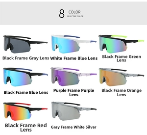 Detailed grid showing 8 color variations of sport cycling sunglasses with wrap-around frames