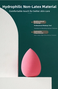 Detail of pink teardrop makeup sponge made of hydrophilic non-latex polyurethane material