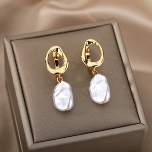 Baroque Freshwater Pearl Drop Earrings Copper Geometric Hoop With Zirconia French Vintage Elegant For Women