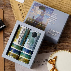 Detailed view of Monet oil painting washi tape set in an elegant gift box with artistic themes