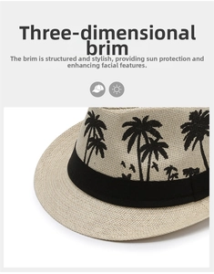 Detail of a beige straw hat showing the stylish 3D brim and coconut tree pattern