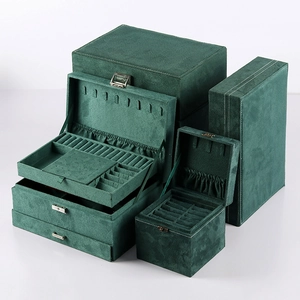 Double-layer dark green suede jewelry organizer set with drawer and metal clasp