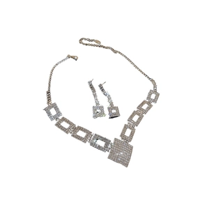 Luxury silver square geometric jewelry set with sparkling rhinestones necklace and earrings
