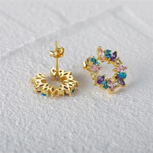 Sparkling S925 sterling silver wreath earrings with colorful marquise-cut zircons