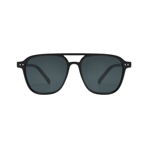 Classic double-bridge aviator sunglasses with black frames and dark grey lenses