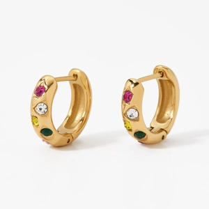 Polished gold stainless steel hoop earrings with multi-colored gemstones on white background