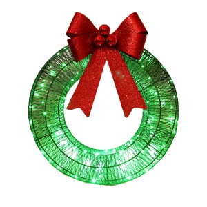 Detail showing metallic LED Christmas wreath with red glitter bow and warm light beads