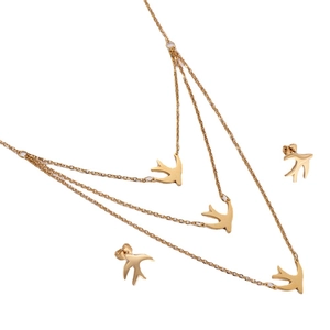 Three-layer gold swallow necklace with matching stud earrings set for women