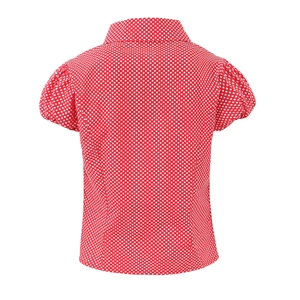 Back view of a red short sleeve shirt with white polka dots and a lapel collar design