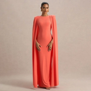 Elegante Abito Da Sera Con Mantella Per Donna Vestibilità Slim Girocollo Abito Maxi Tinta Unita Per Feste Banchetti