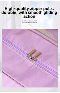 Detail of durable dual gold zippers and textured purple fabric on travel bag