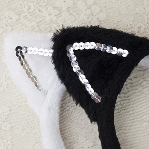 Sparkly sequin cat ear headbands in black and white faux fur for Halloween cosplay