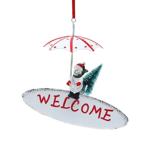 Christmas snowman iron parachute hanging ornament with red welcome sign for tree decor