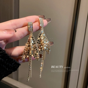 Long Tassel Sequin Earrings Alloy Rhinestone Triangle Mesh Dangle Jewelry With Silver Earring Post For Women Fashion