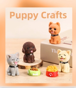 Miniature resin puppy figurines set with food bowls for micro landscape garden decor
