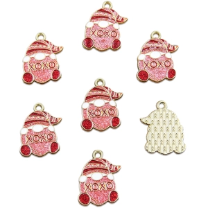 Detailed view of 7 red enamel heart-themed gnomes pendants with XOXO text and glitter details